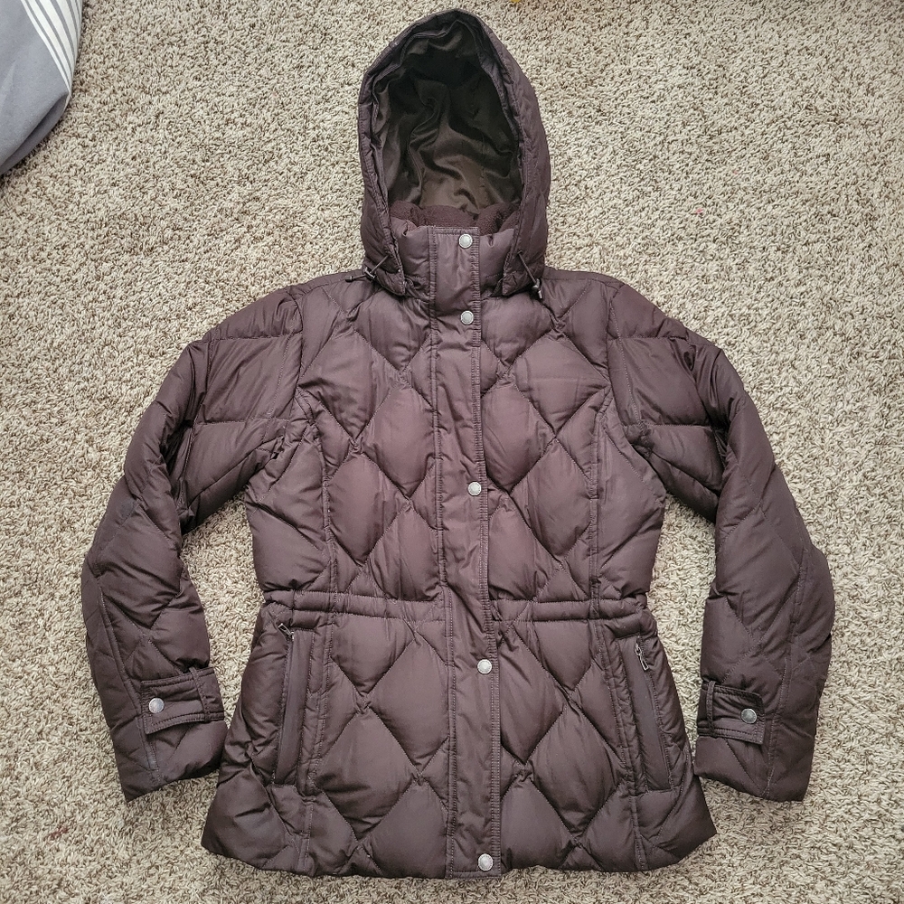 Lands End Coat Puffer Jacket Down Feathers Faux Fur Brown Size Small 6 8